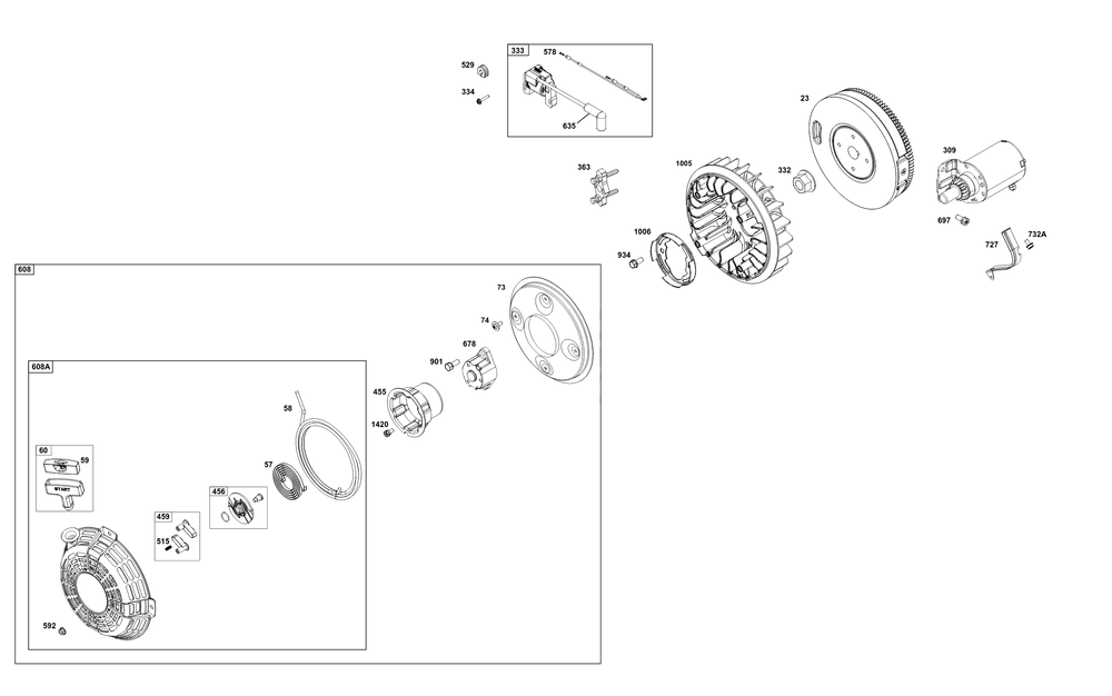 Flywheel/Ignition/Starter Group Diagram and Parts List for 356447-0714-B5 200000 - 399999 Briggs and Stratton Engine